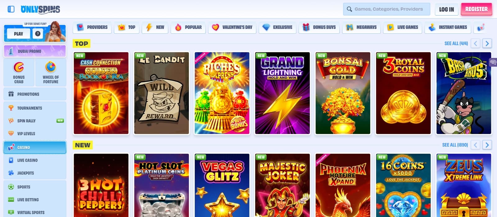 OnlySpins slot screen showing spinning reels, bet controls, and balance