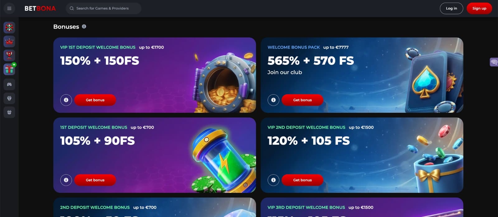 betbona promotion page with colorful banners