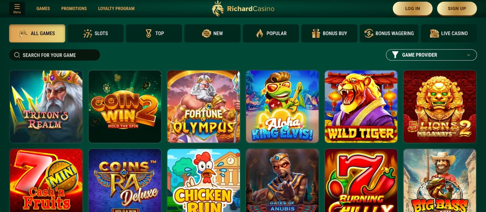 Richard Casino games lobby showing slots, live casino and provider categories
