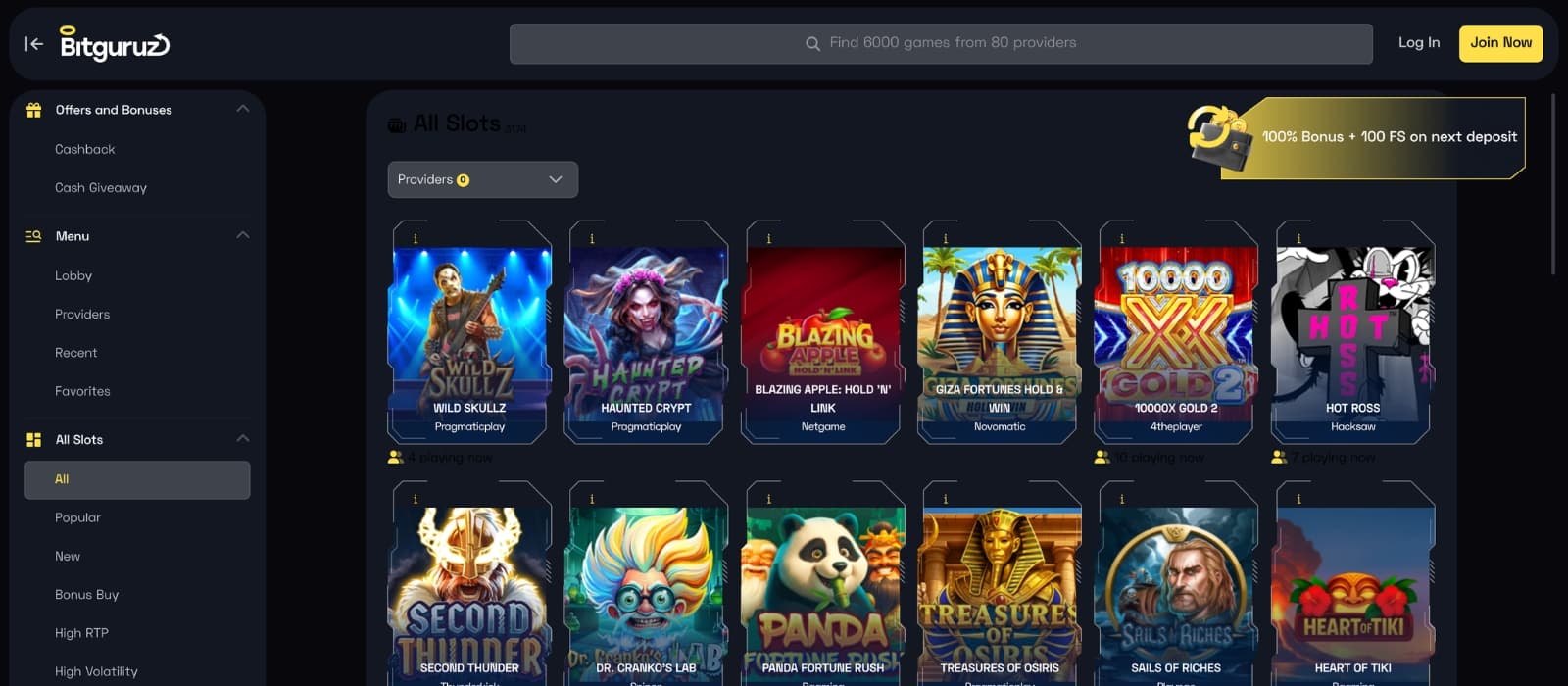 BitGuruz Casino lobby showing slots, live dealer games and crypto-friendly casino categories