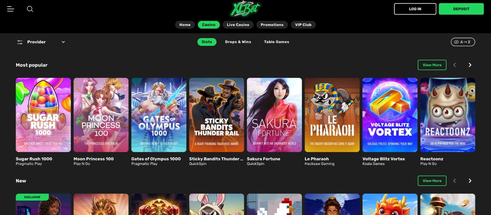 XLBet Casino lobby showing slots, live dealer games and sportsbook integration with multiple providers