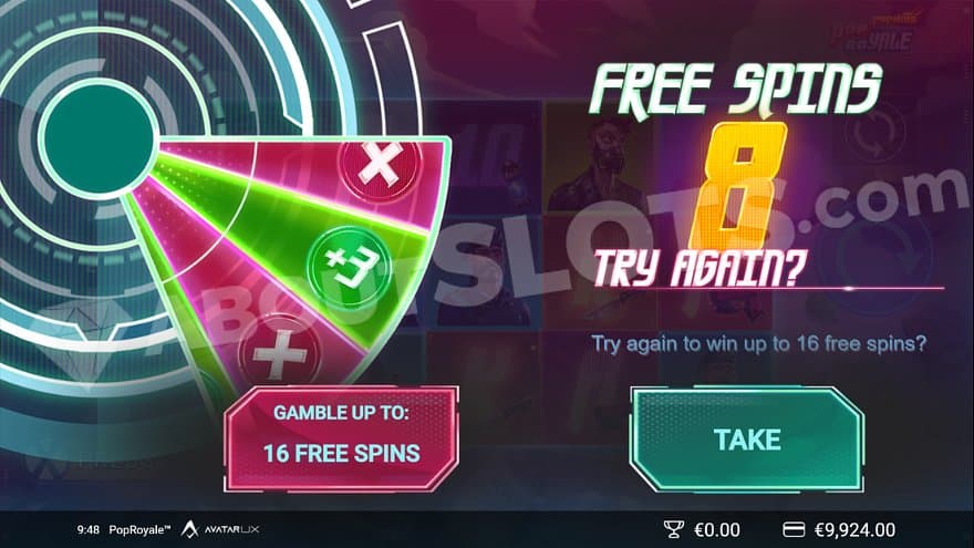 A Gamble Wheel where 8 free spins can be gambled for a chance to win up to 16 spins.