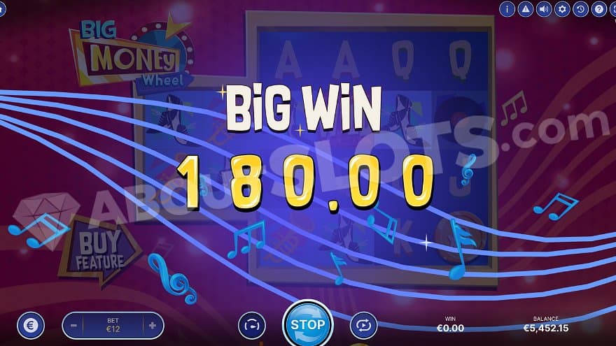 Big Win screen being presented with a win of 180.