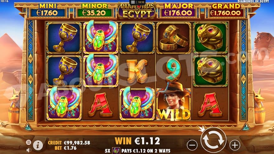A win with four scarabs on reels 1, 2, and 3.