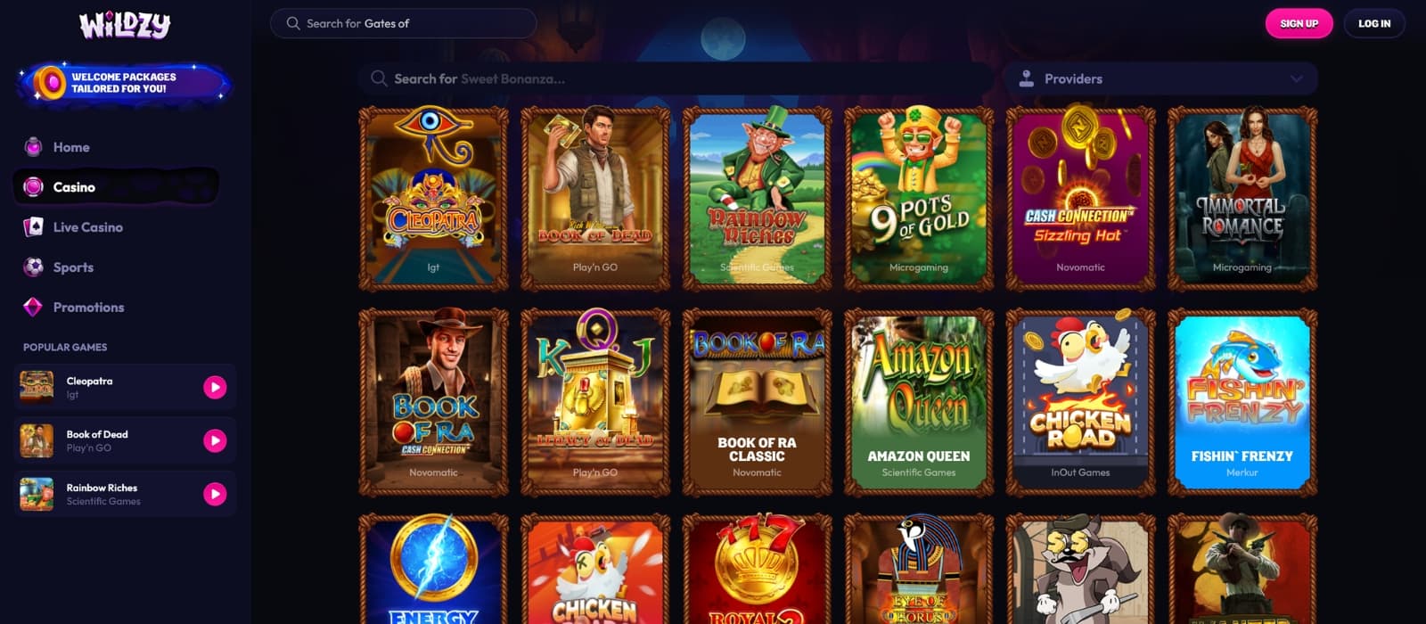Wildzy Casino lobby showing slots, live casino tables and multiple game providers