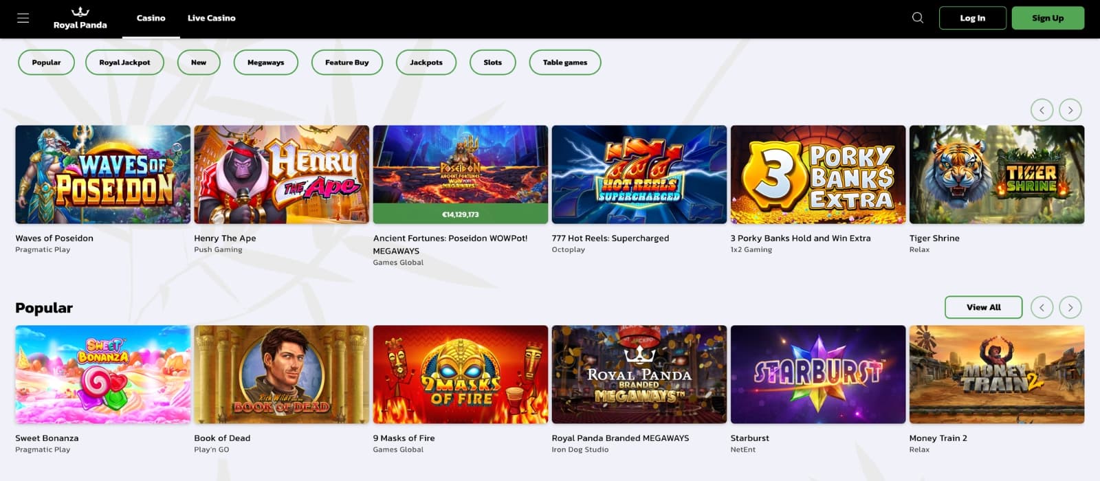 Royal Panda Casino lobby showing slots, live dealer games and multiple providers
