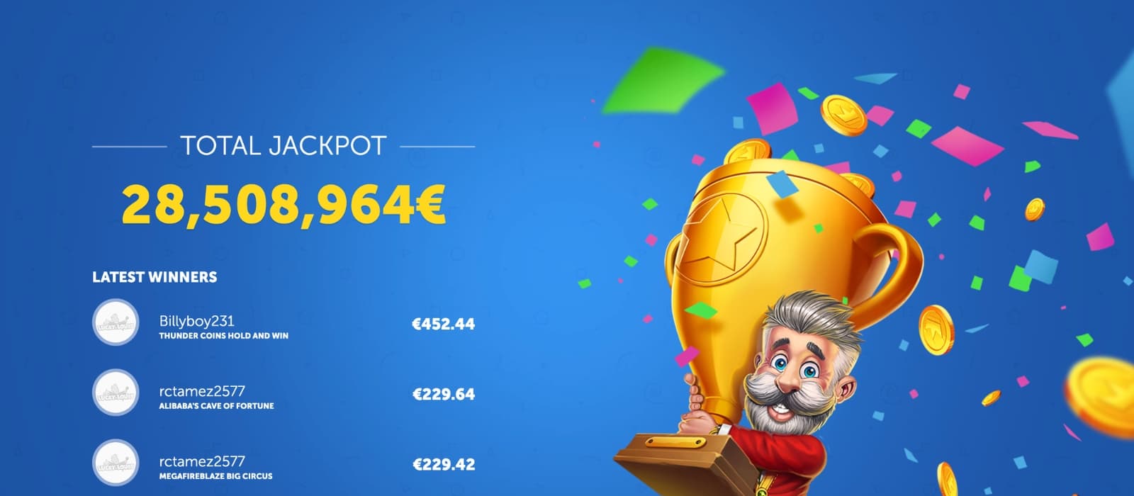 Luckylouis casino's jackpot page with a cartoon illustration