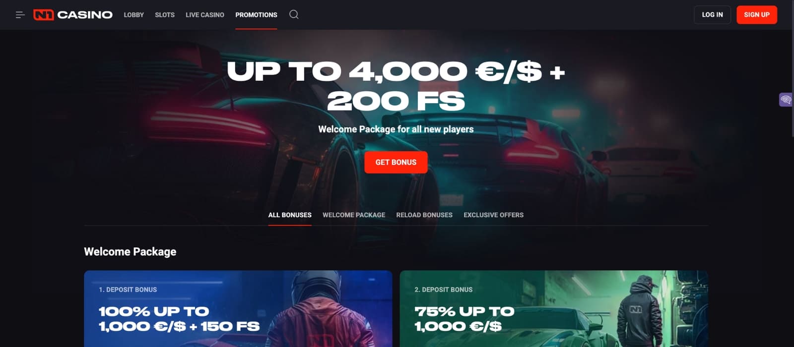 Overview of N1 Casino offers with bonus value and free spins