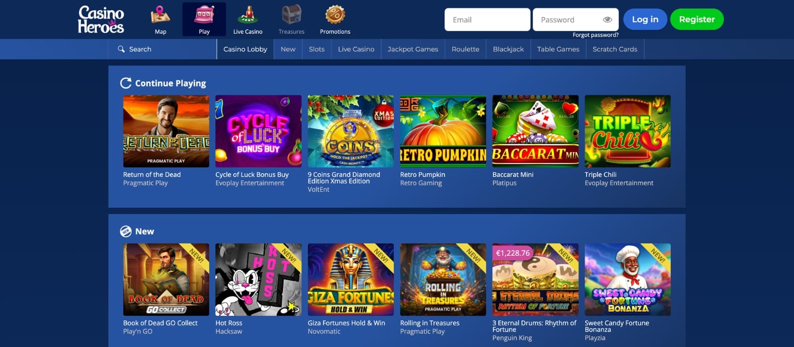 CasinoHeroes game lobby displaying slots, live casino, and table games