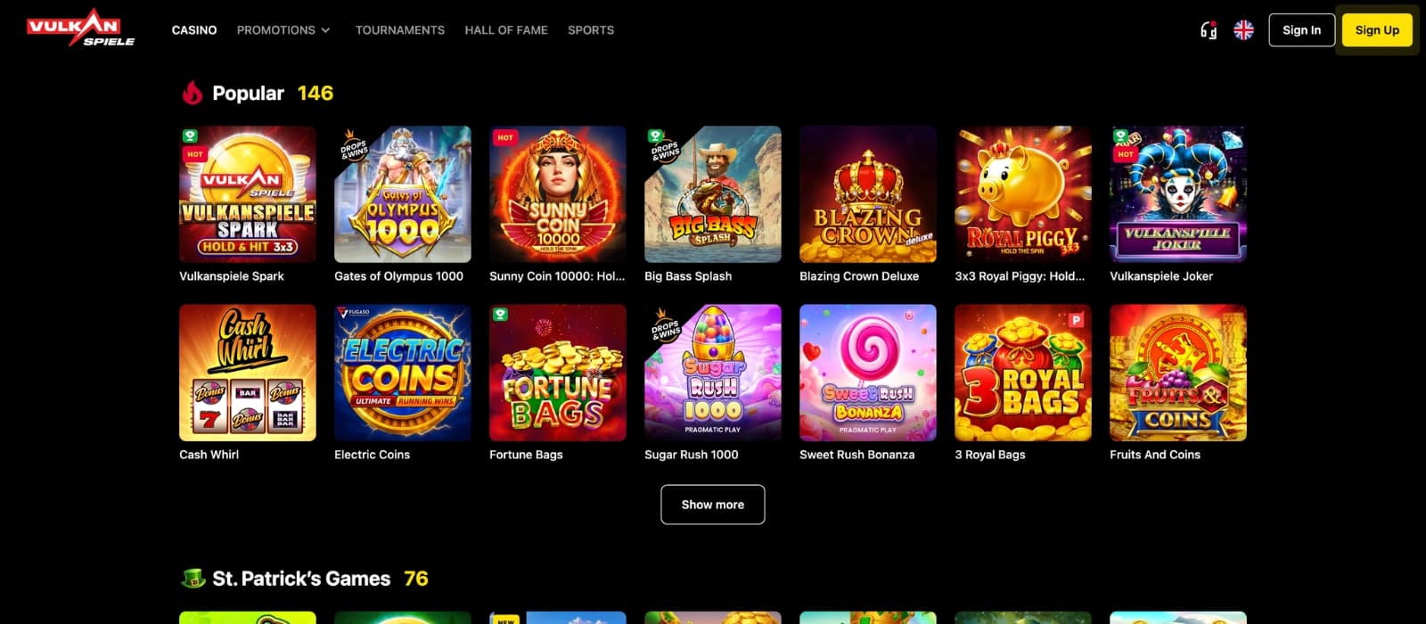VulkanSpiele Casino lobby showing slots, live casino tables and multiple game providers