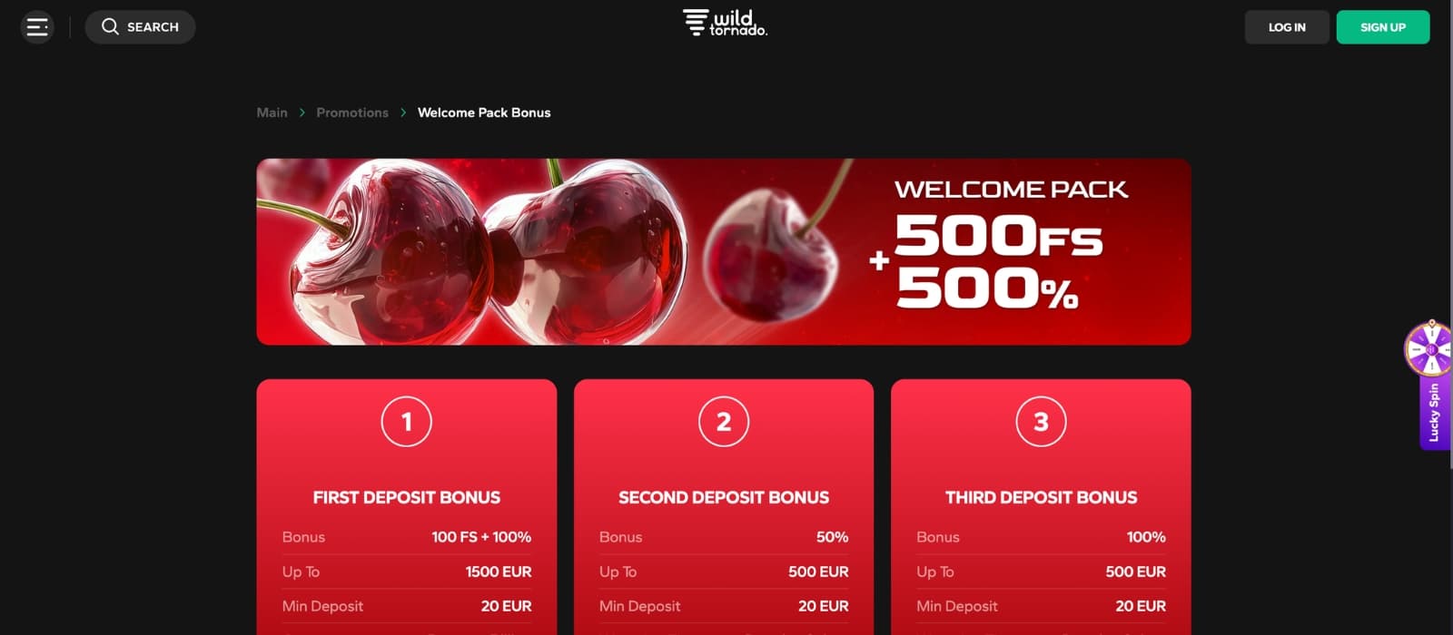WildTornado bonus page showing welcome deals and free spin rewards