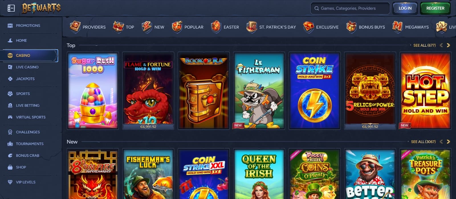 Betwartz casino games lobby displaying thousands of slots, live casino games and categories