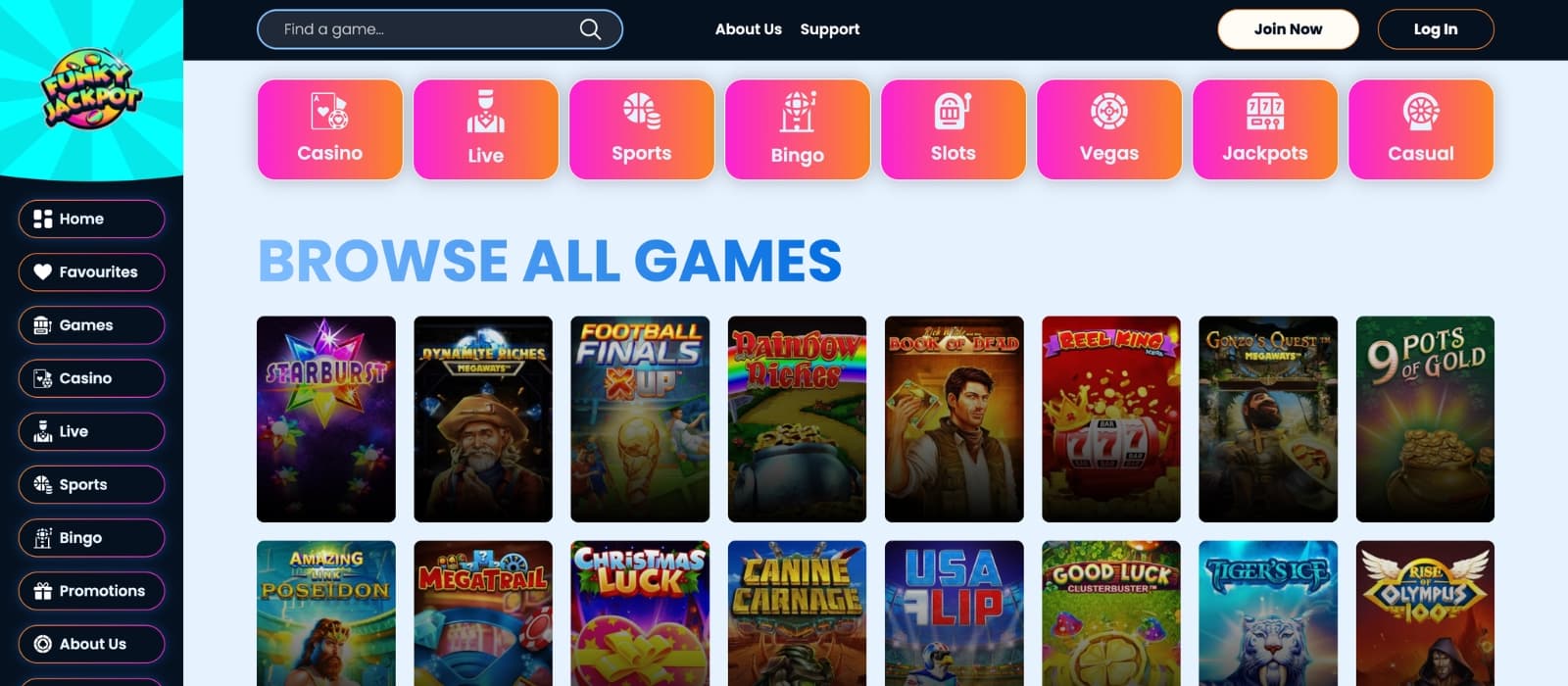 Funky Jackpot Casino lobby showing slots, live dealer games, sportsbook and bingo categories