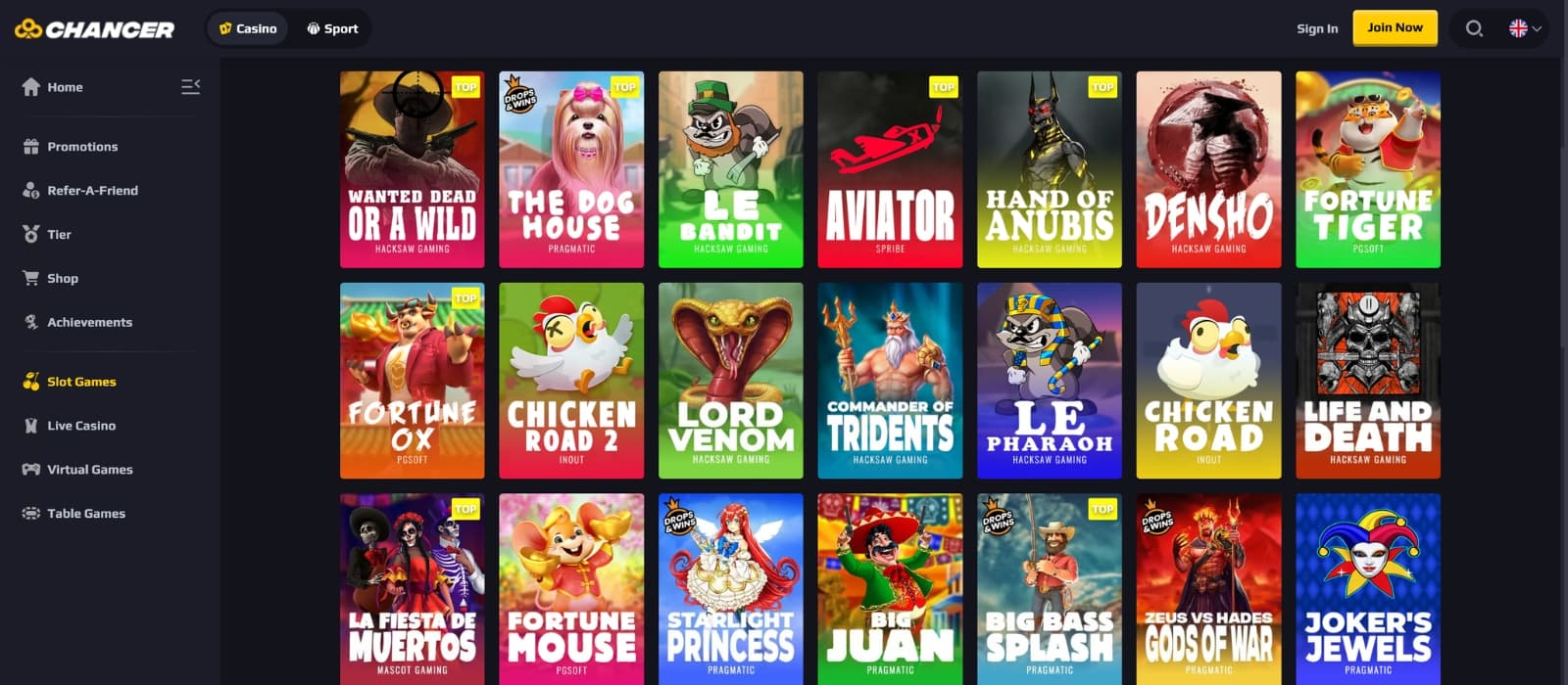 Chancer casino game lobby displaying slots, live dealers, and table games