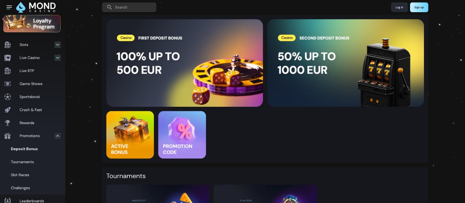 Promotional deals page at Mond Casino outlining deposit bonuses