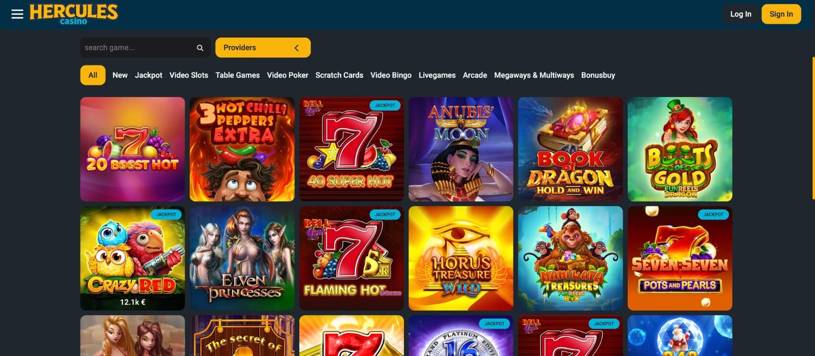 Hercules Casino lobby displaying thousands of slot games, live casino tables and provider categories