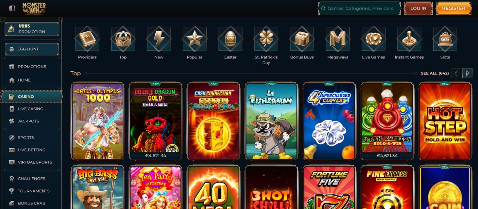MonsterWin casino games lobby displaying thousands of slots and live casino categories