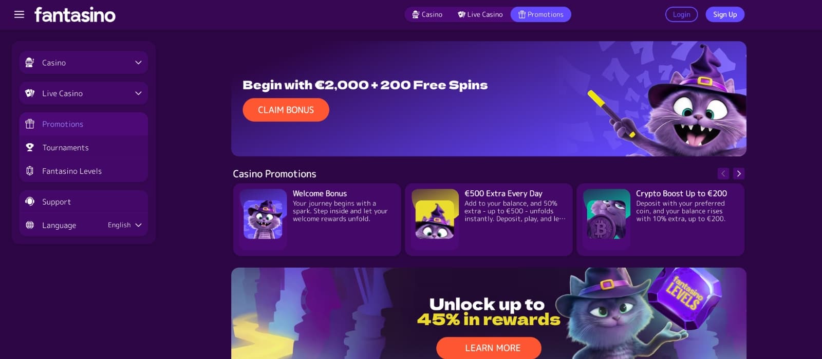 Fantasino Casino bonus page displaying multi-deposit welcome package with match bonuses and free spins