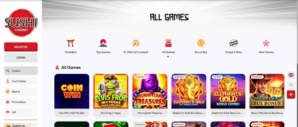 sushi casino games page with selection of slot games