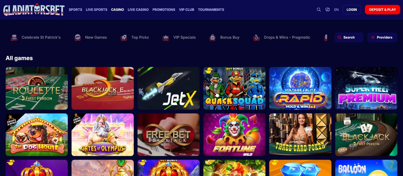 GladiatorsBet games lobby displaying thousands of slots, live casino and game categories