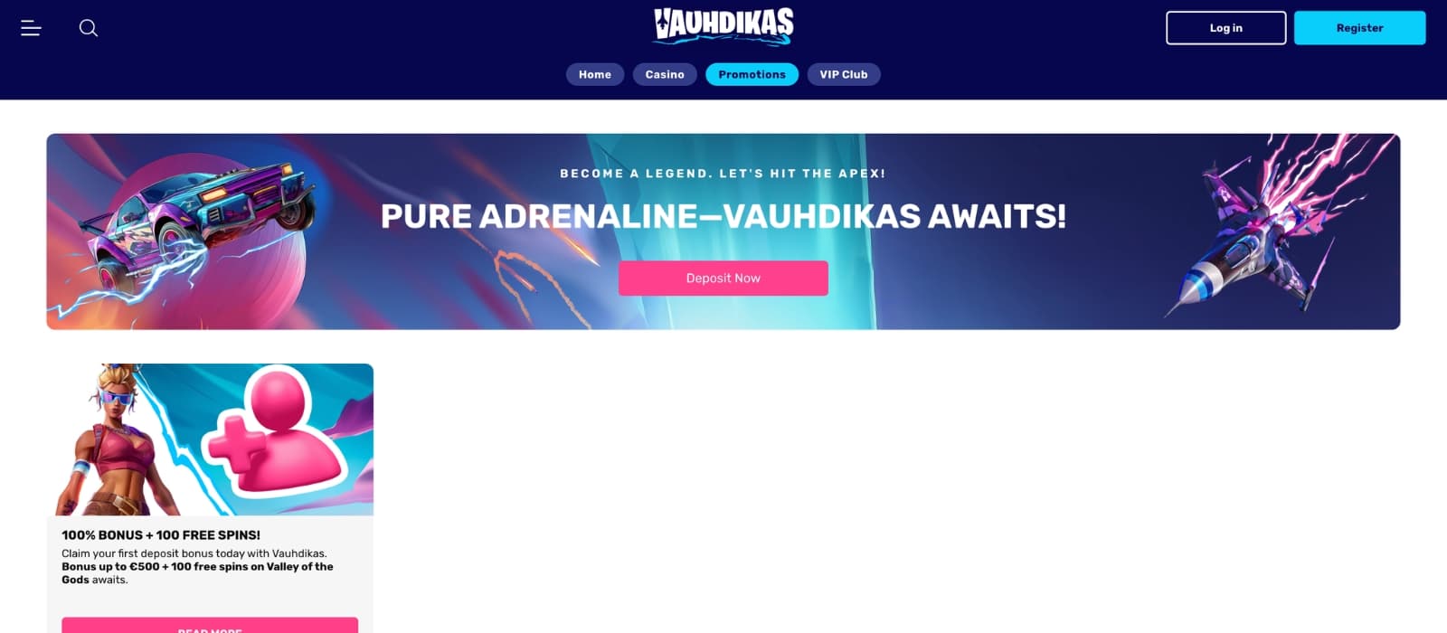 Vauhdikas Casino promotions page displaying free spins campaigns and deposit bonus details