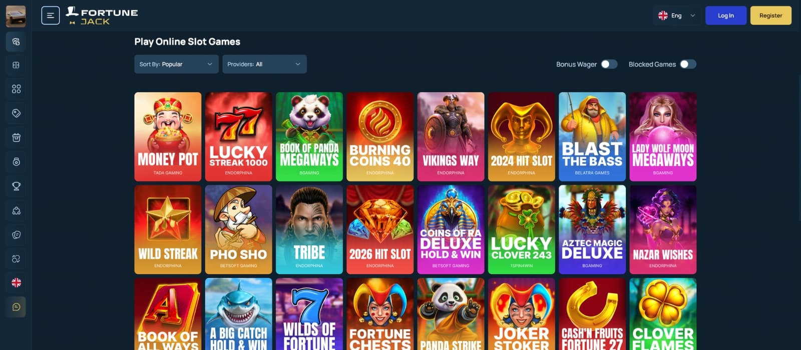 FortuneJack Casino lobby showing slots, live dealer games, crash games and sportsbook categories