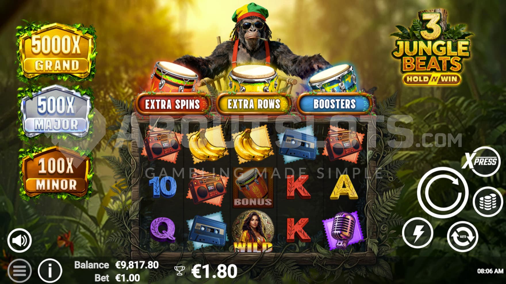 Base Game view of a 5x3 grid on a backdrop of a jungle, with a rasta gorilla sitting above the reels, playing drums.