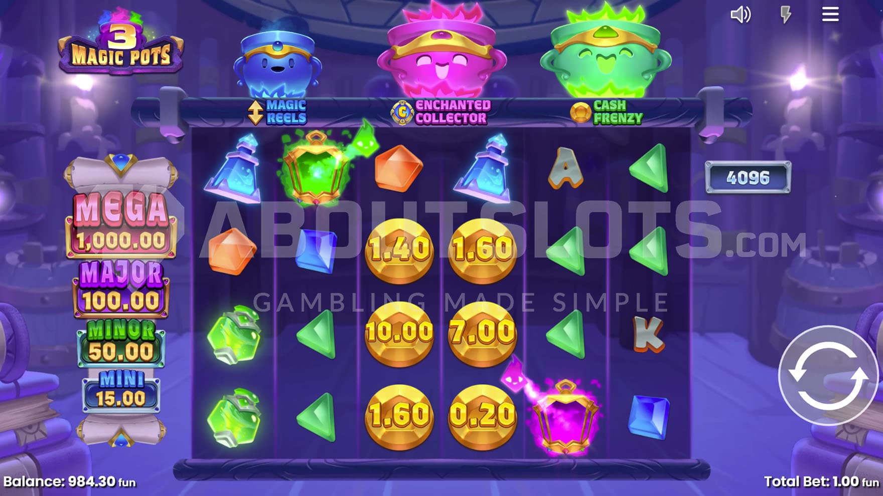 Base Game view of a 6x4 grid on a backdrop of an alchemical laboratory with three distinctly colored pots at the top.