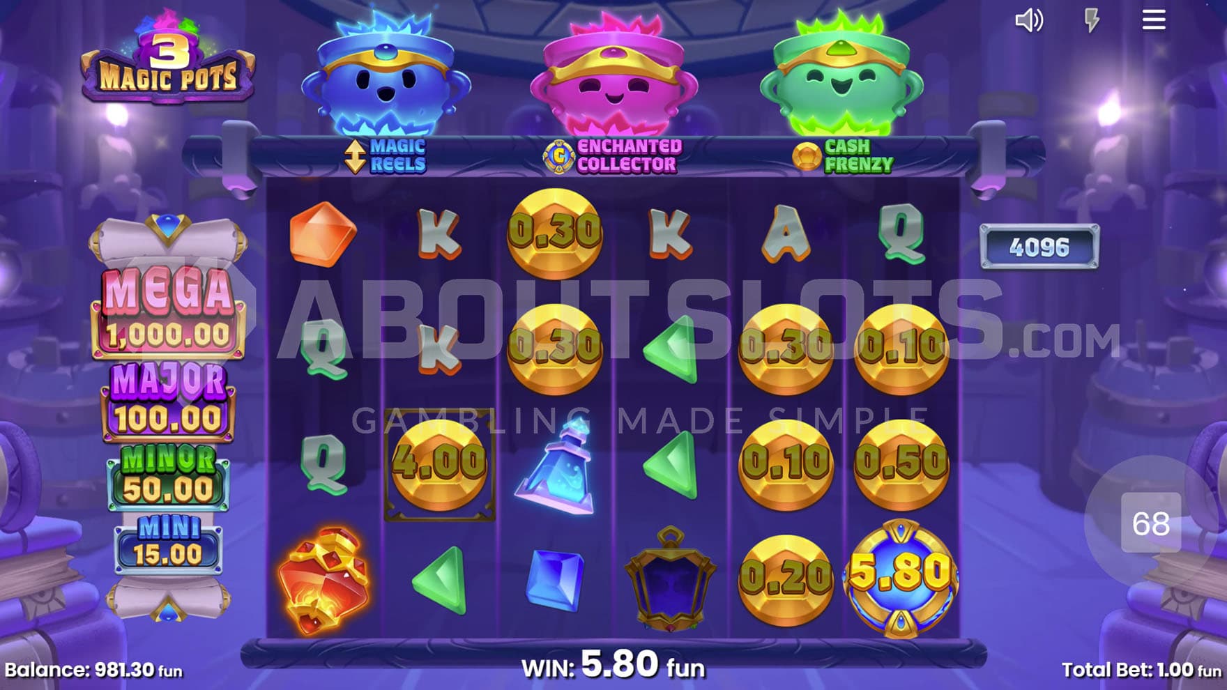 Collector feature triggered in the base game, accumulating all prizes from the grid.
