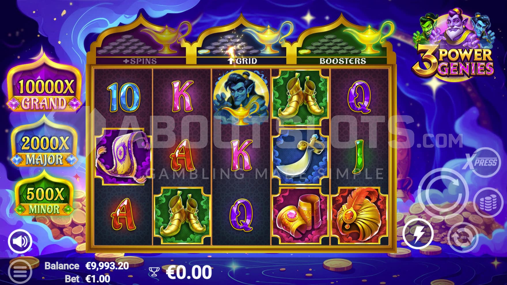 Base Game view of a 5x3 grid on a backdrop of a night sky.