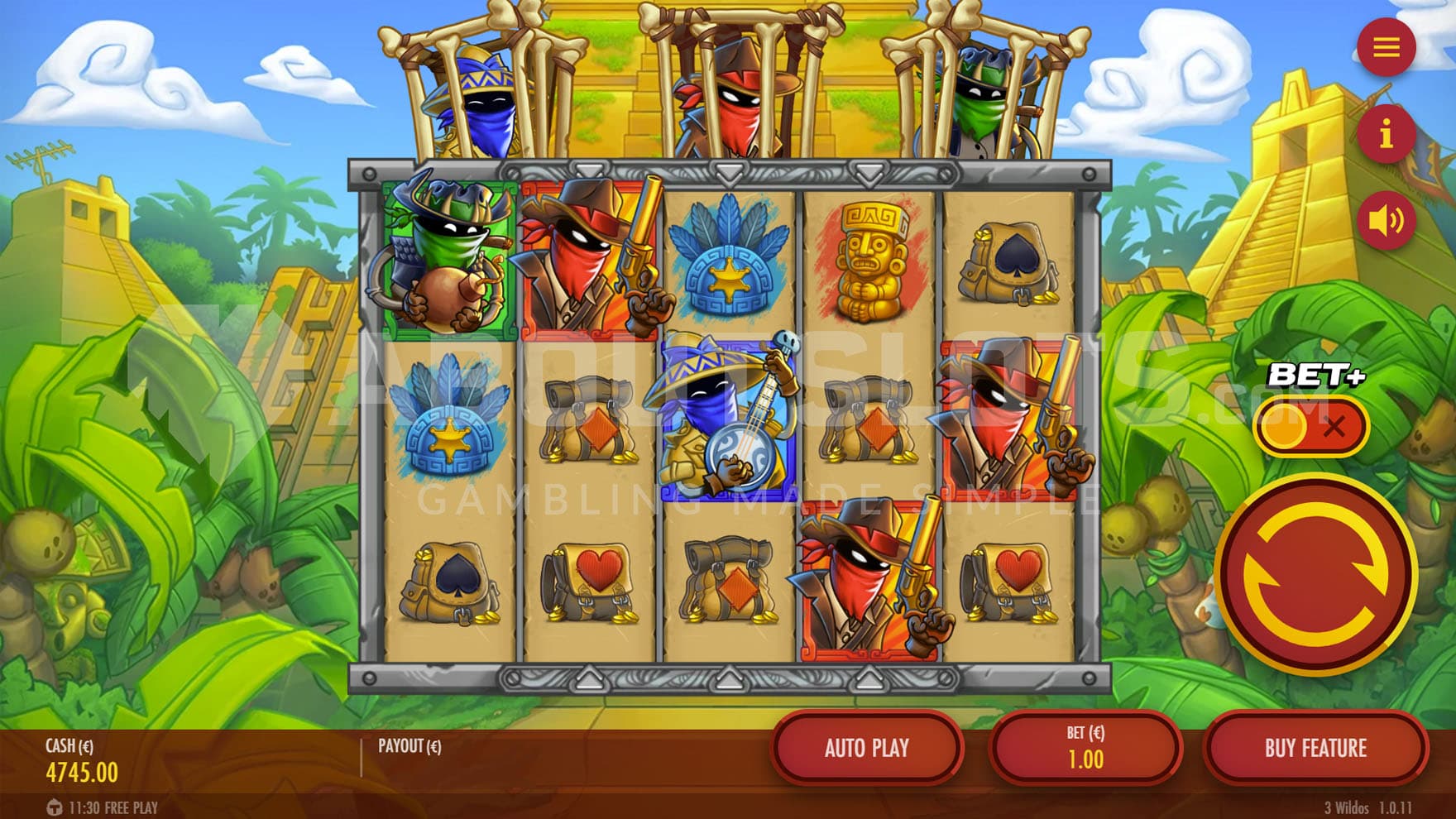 Base Game view of a 5x3 grid on a backdrop of a tropical jungle with Aztec temples.