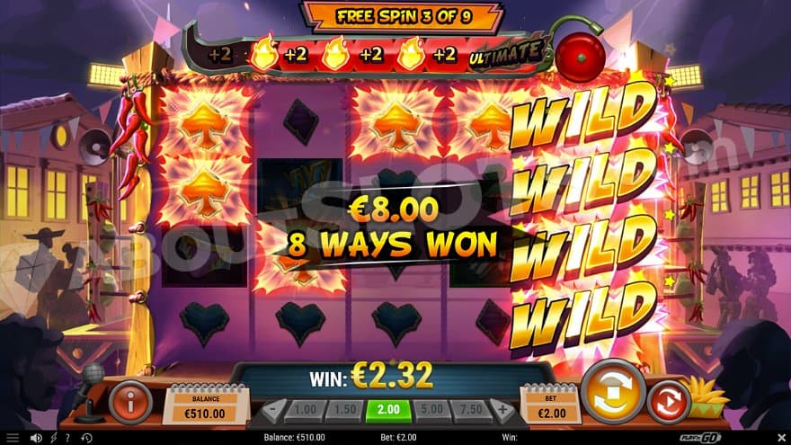Stacked Wild Symbols on the fifth reel in an €8 win in the free spins.