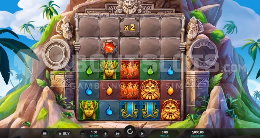 Base game with a tropical island in the background of the reels.