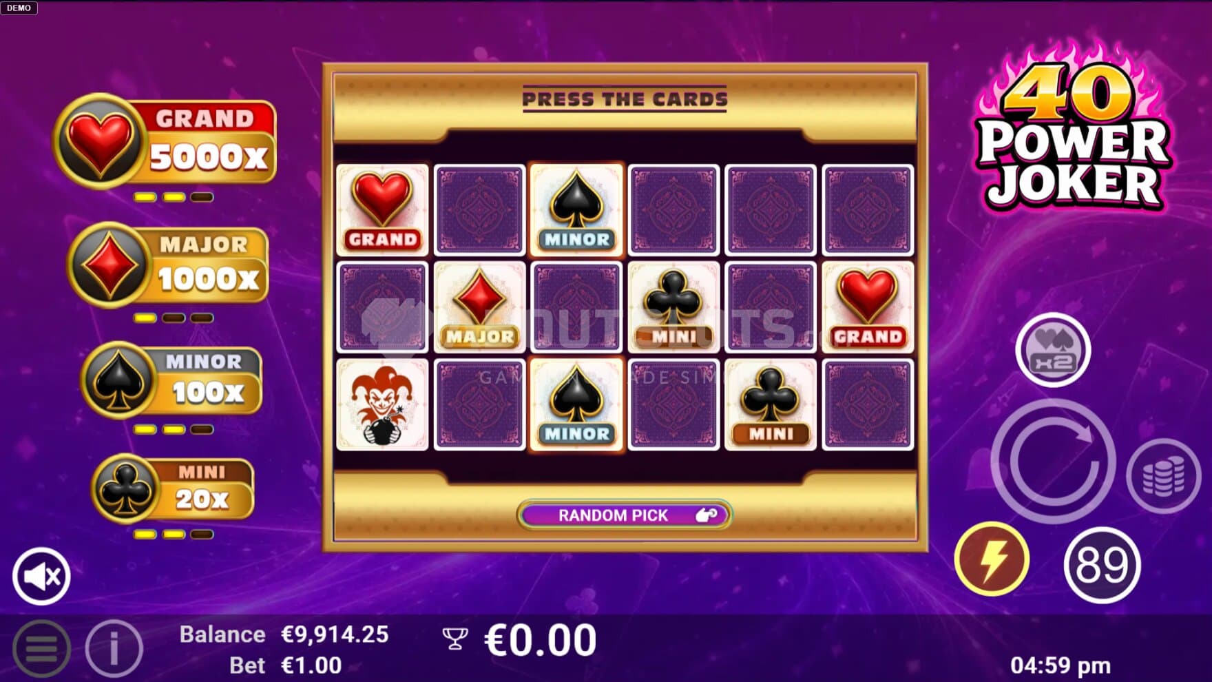 The Jackpot Minigame is played on a specific playing grid with hidden cards