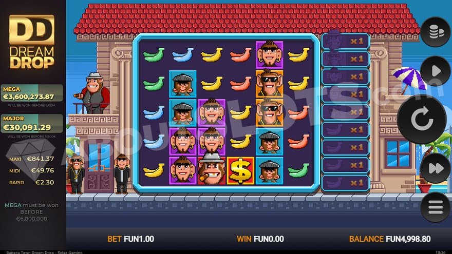 A slot grid in front of a big house and three monkeys in clothes to the left.