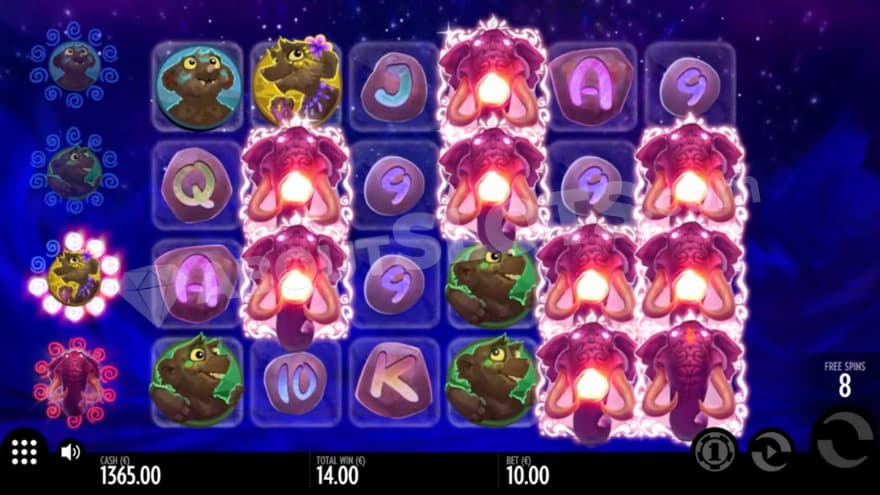 Bonus game with eight free spins left to use.