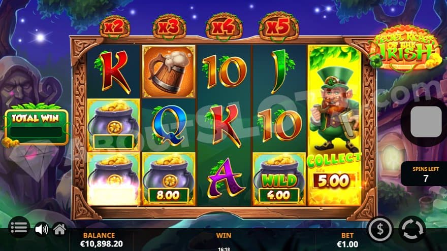 The leprechaun on the fifth reel collects Money Symbols on reels  1, 2, and 4.