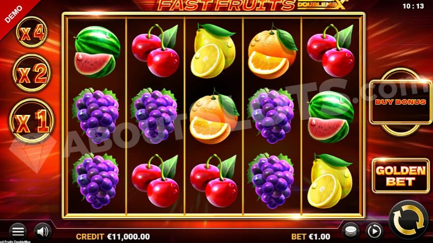 Five reels with fruit symbols.