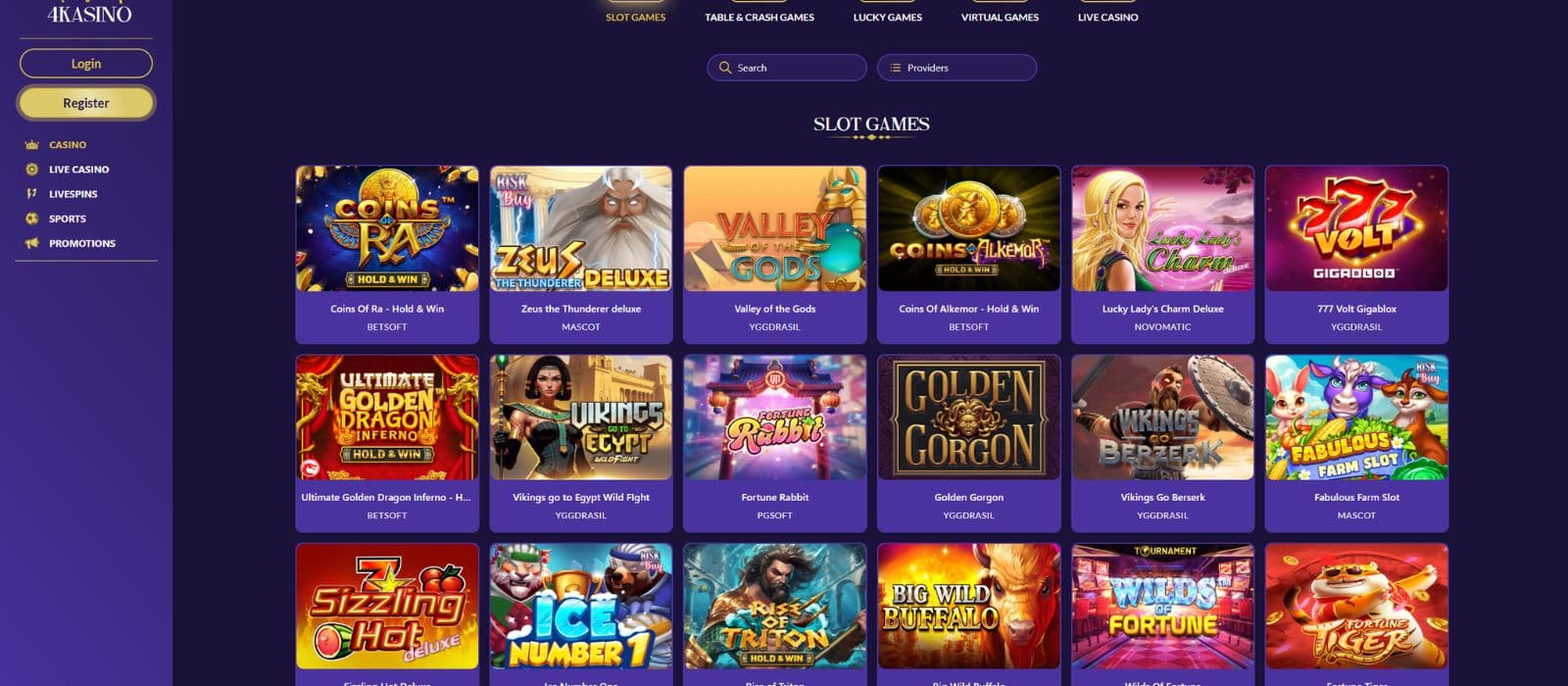4Kasino games page showing a selection of slot games and the search function for games