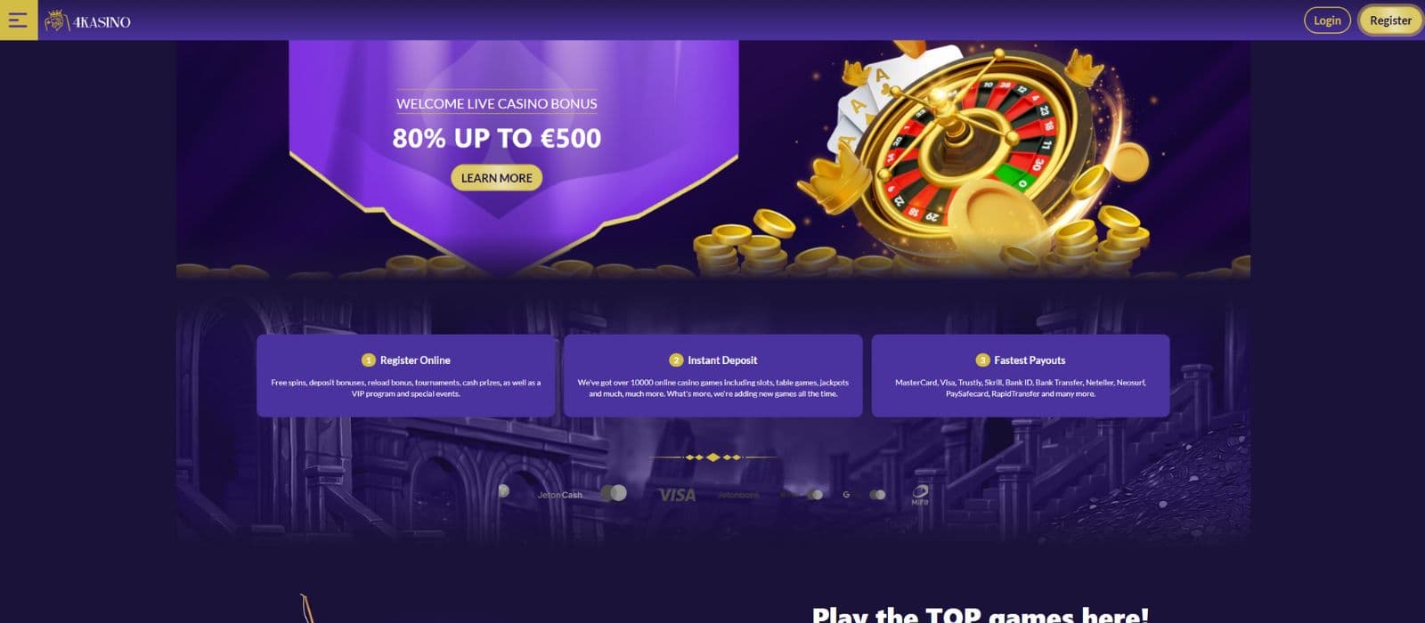 4Kasino landing page showing the live casino welcome bonus offer