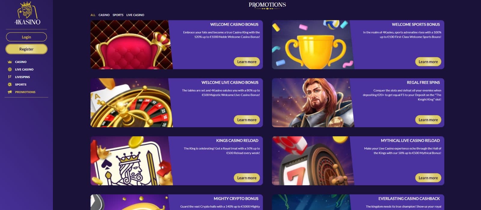 4Kasino promotions page showing the available bonuses and promotions for casino and sports betting