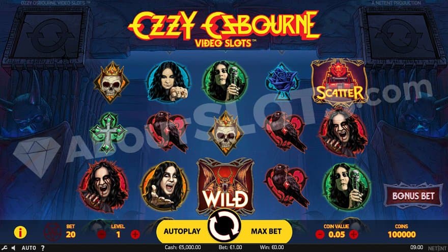 Five reels with symbols of Ozzy Osbourne, death skulls, bats, and other characters.
