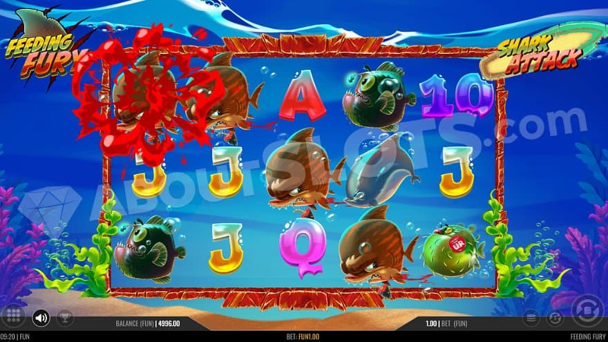 Two sharks in the upper left corner eat fish so blood splashes.