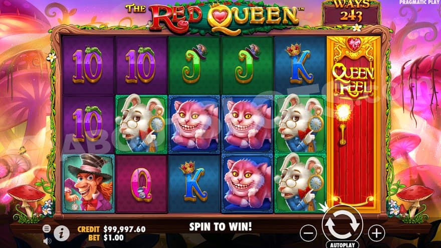 A landscape with big purple mushrooms and a grid of 5 reels in the middle.