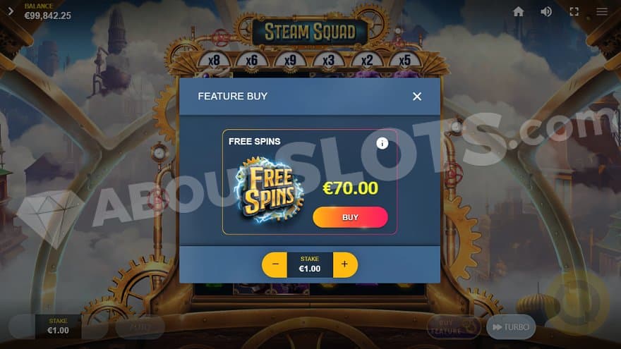 A menu offering the Free Spins for 70X the bet.