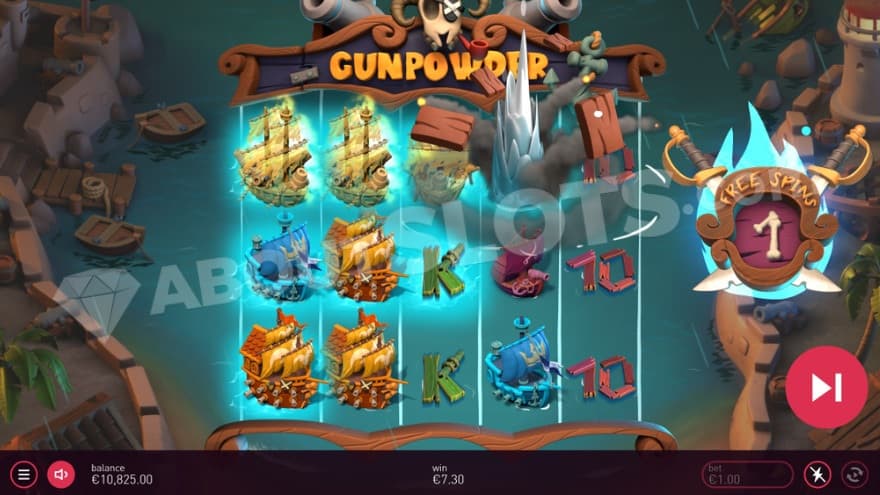 Free Spins bonus game with ship symbols in different colors on the reels.