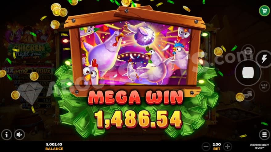 A mega win occurs where the chickens dance wildly.