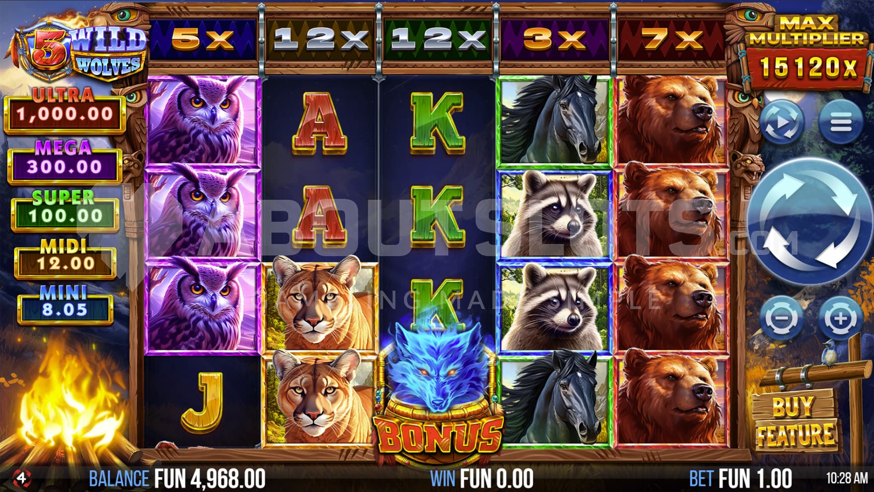 Base Game view of a 5x4 grid on a backdrop of Northern American wilderness with a campfire burning on the left.