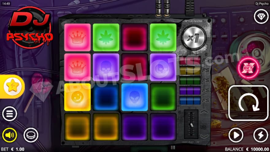 Four casino slot reels on a DJ set.