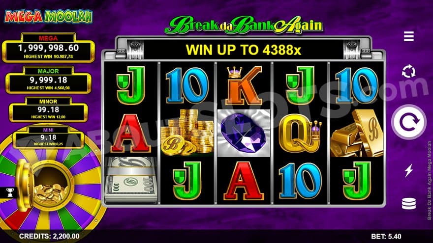 A casino slot with a jackpot wheel to the left of the five reels.